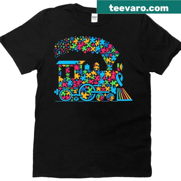 Train puzzle graphic promoting autism awareness on a t-shirt.