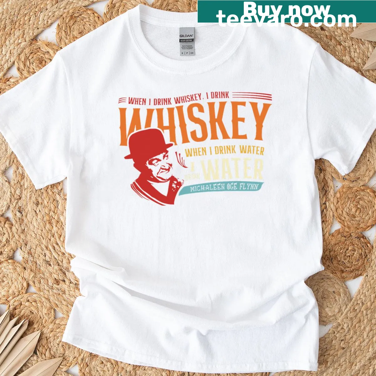 Witty typography t-shirt contrasting whiskey and water drinking habits. — on a men's t-shirt