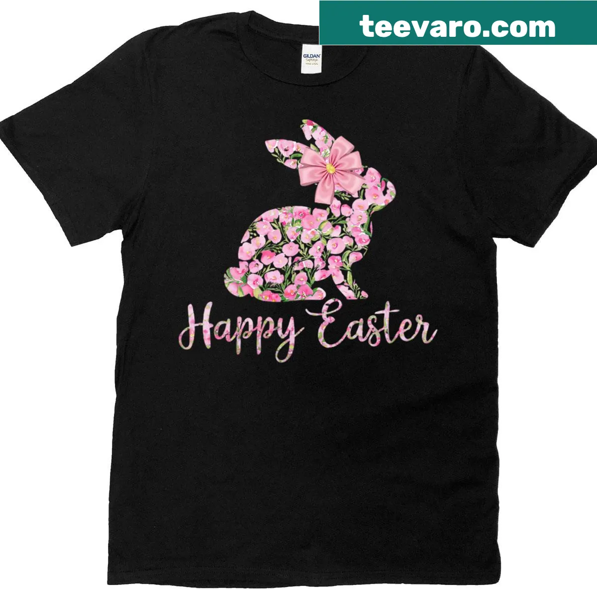 Easter-themed V-neck T-shirt with bunny and egg graphics — on a men's t-shirt