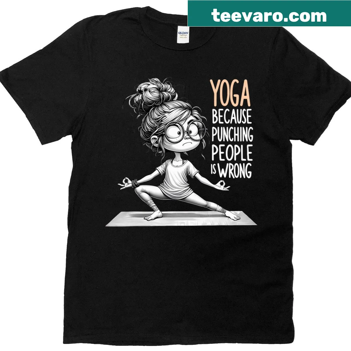 Yoga-themed T-shirt with 'Yoga Because Punching People Is Wrong' text. — on a men's t-shirt