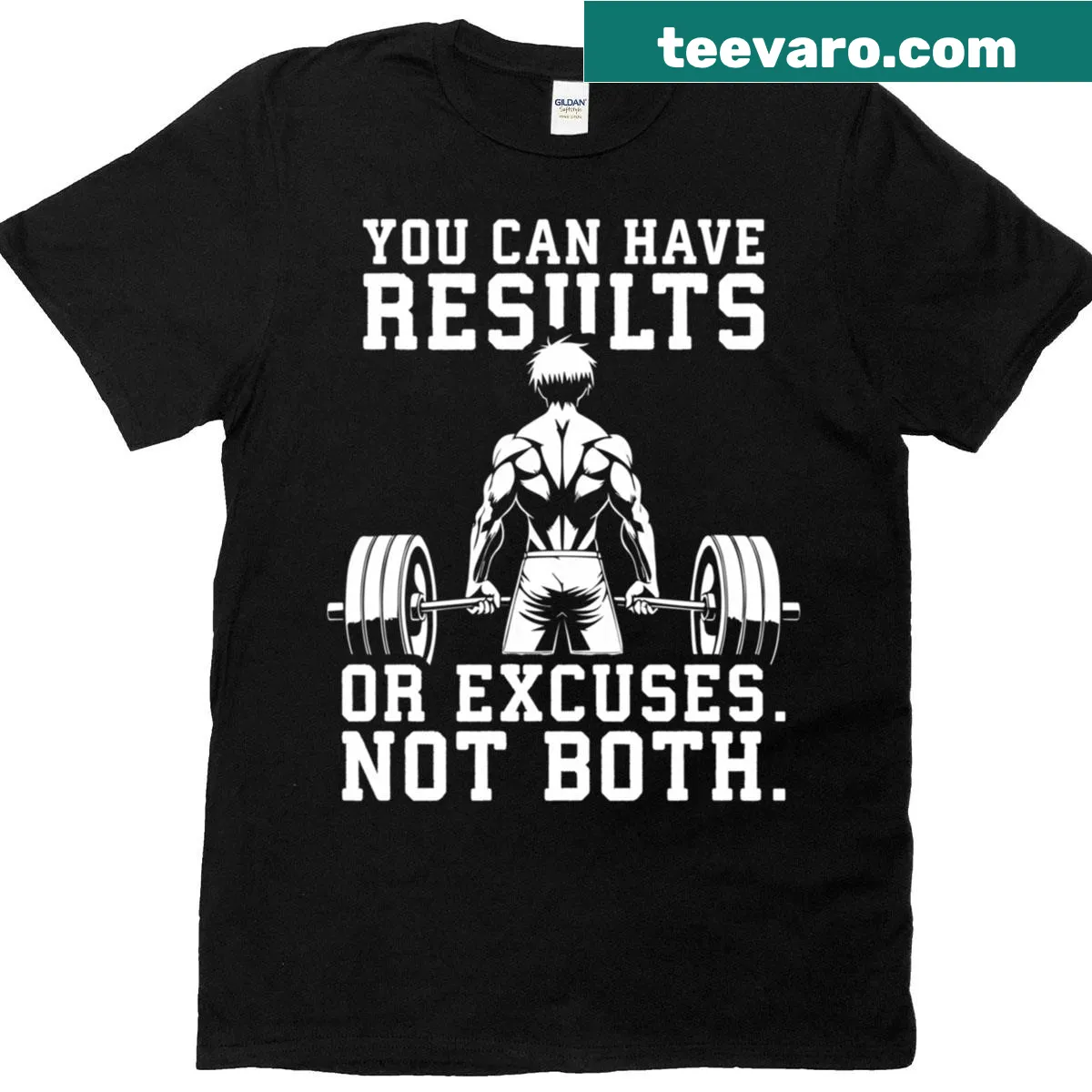 Motivational gym t-shirt with the phrase about results and excuses — on a men's t-shirt