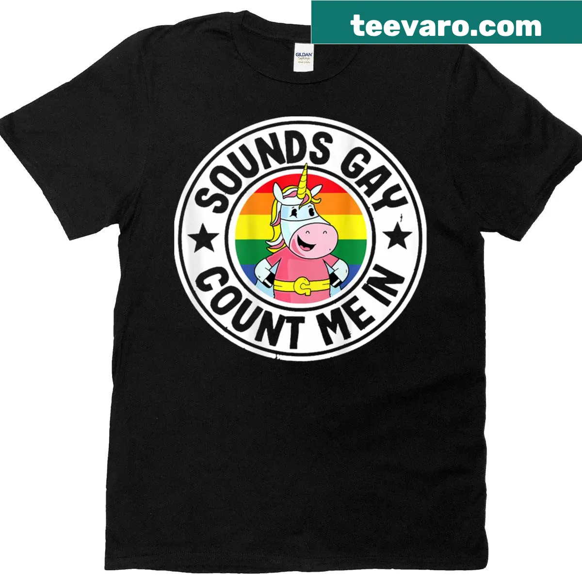 LGBT Pride t-shirt with unicorn graphic and supportive phrase — on a men's t-shirt