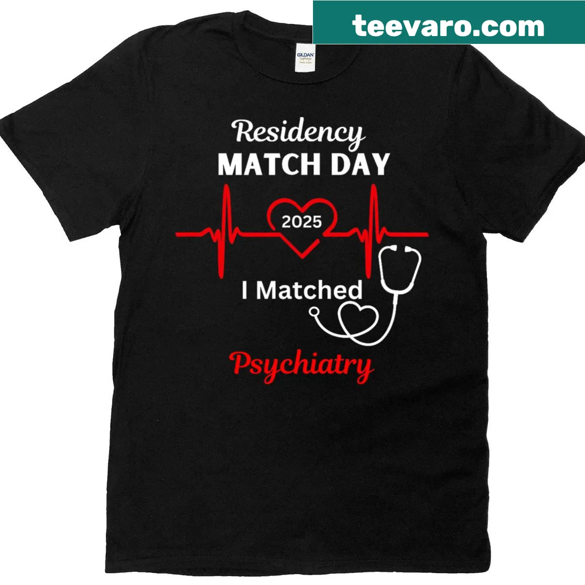 Medical residency T-shirt with the text '2025 Medical Residency Match Day I Matched Psychiatry' — on a men's t-shirt