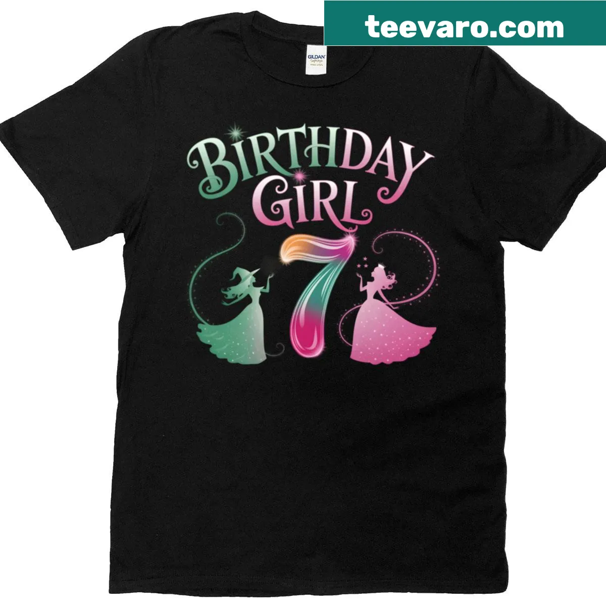 Whimsical witch design on a birthday t-shirt for a 7-year-old girl — on a men's t-shirt