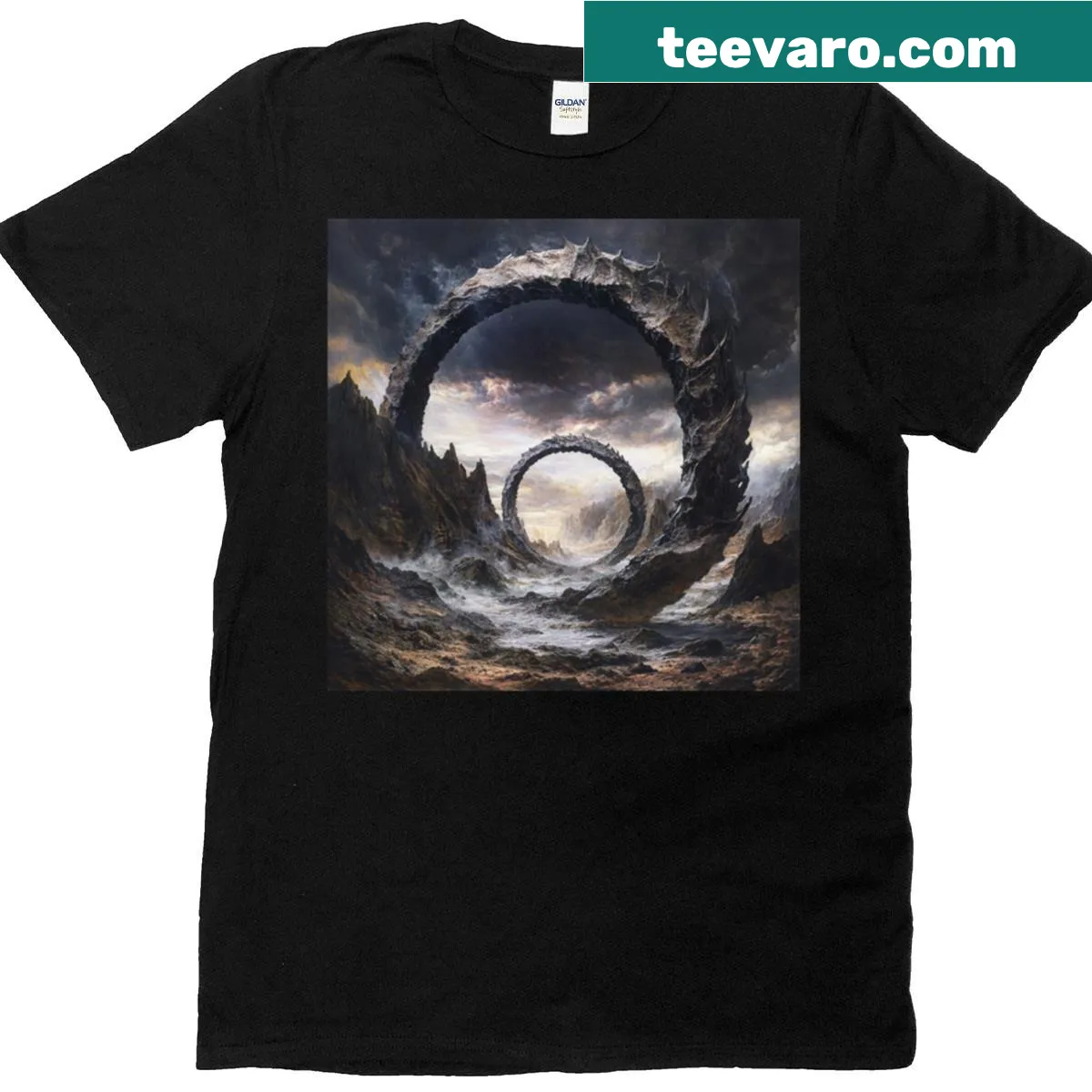 Illustrative fantasy-themed T-shirt depicting another world — on a men's t-shirt