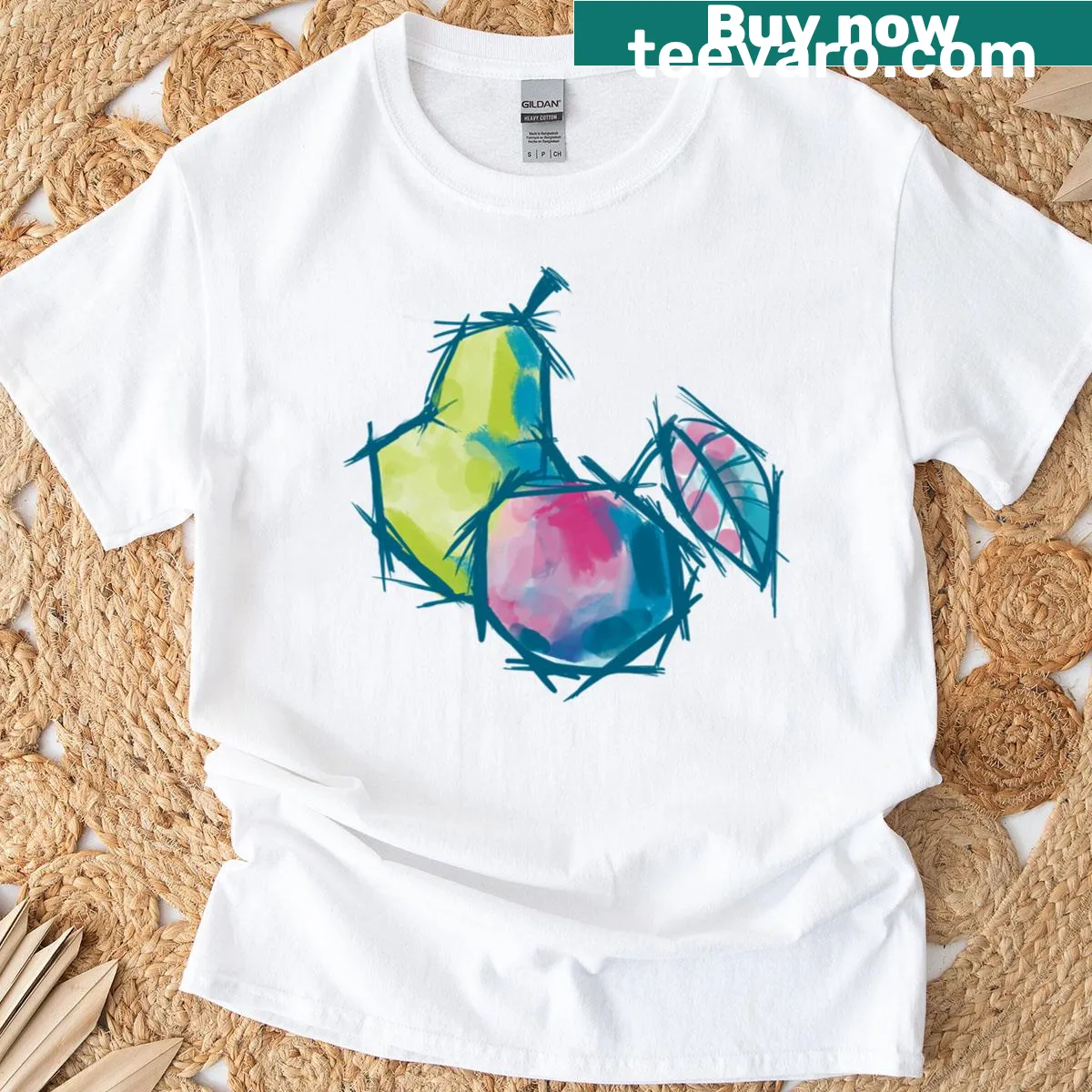Abstract fruit design t-shirt celebrating colorful shapes and elements — on a men's t-shirt