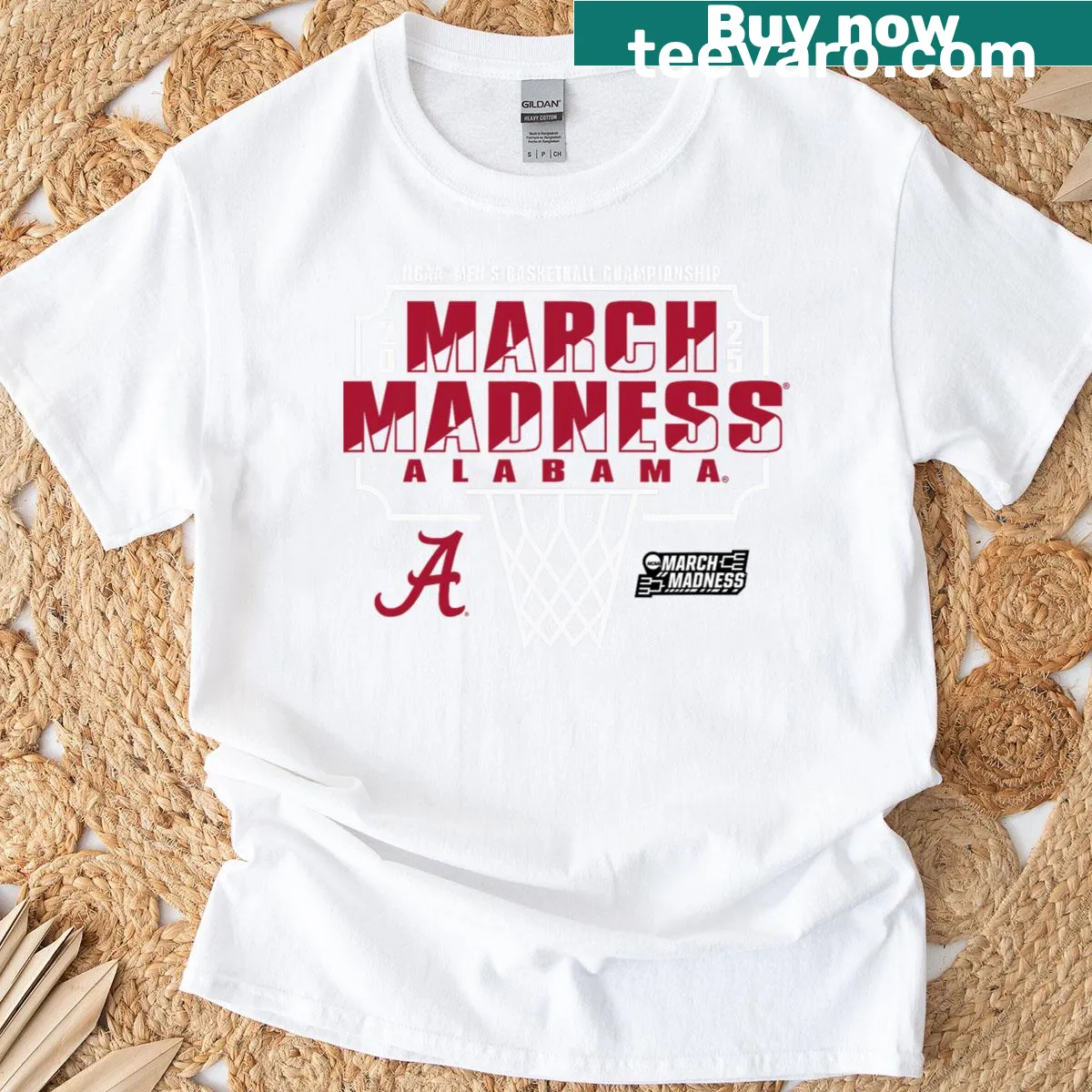 Alabama Crimson Tide March Madness basketball T-shirt with team text — on a men's t-shirt