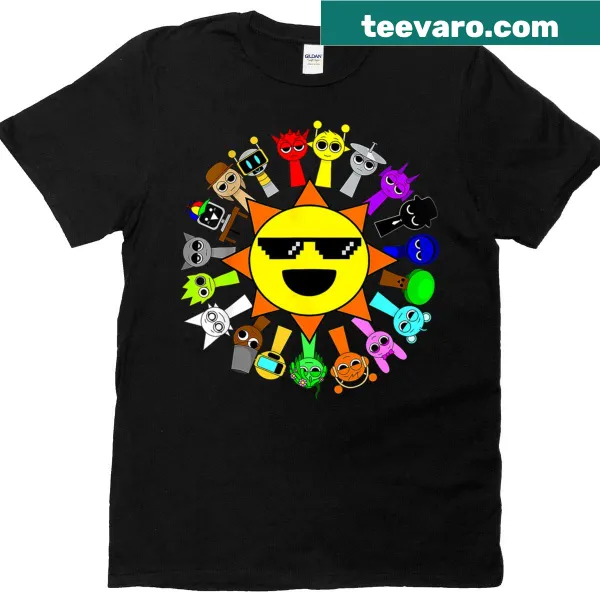 Cartoon Mr. Sun with sunglasses and toys on kids T-shirt