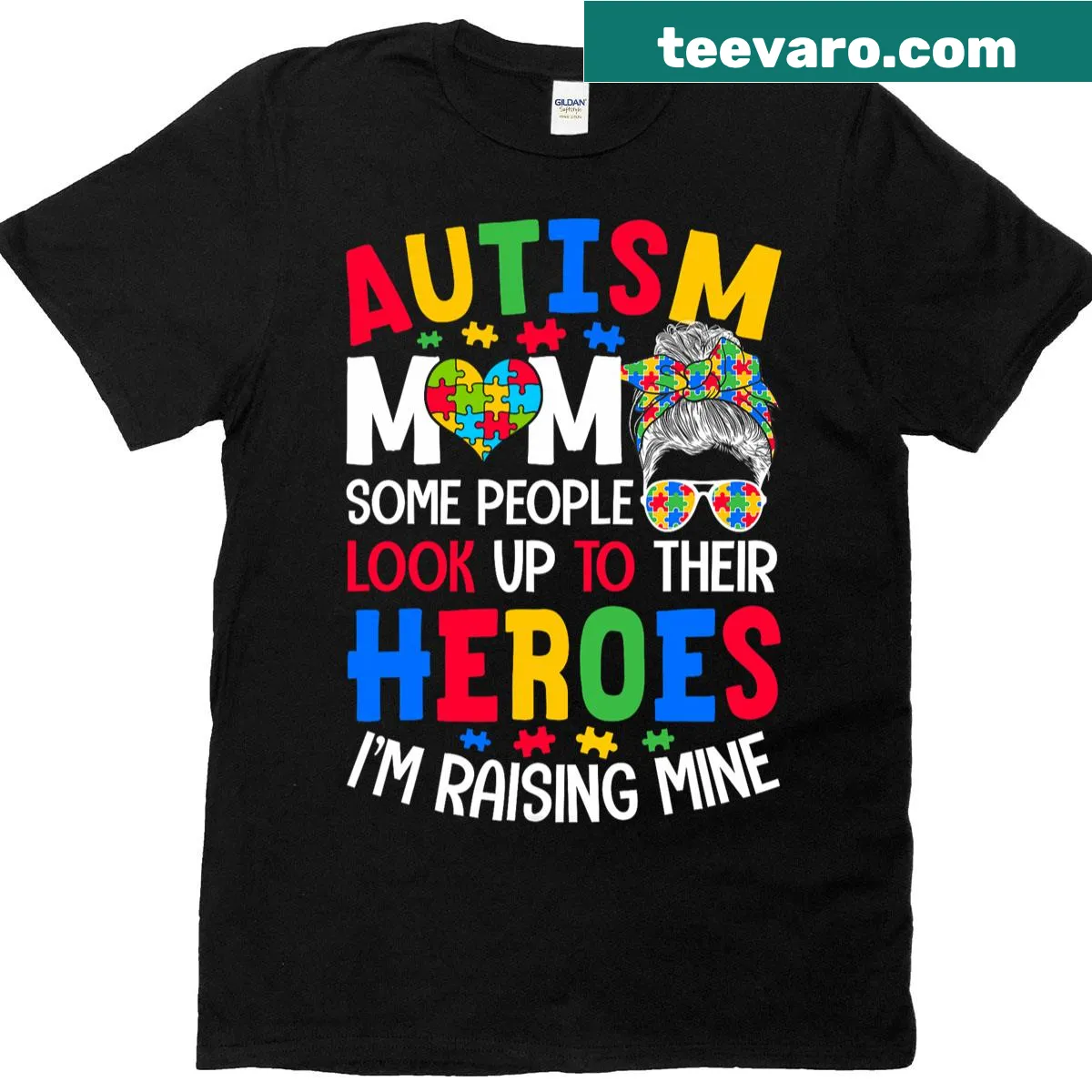T-shirt for Autism Moms featuring Raising a Hero and a messy bun graphic — on a men's t-shirt