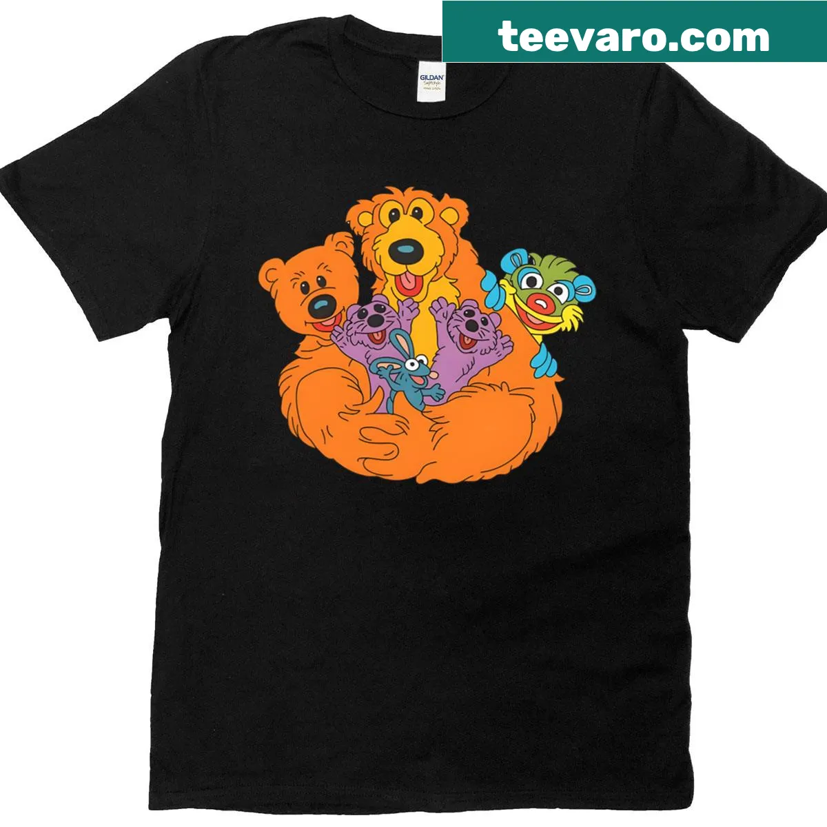 Illustrative T-shirt featuring a bear character in a blue house — on a men's t-shirt