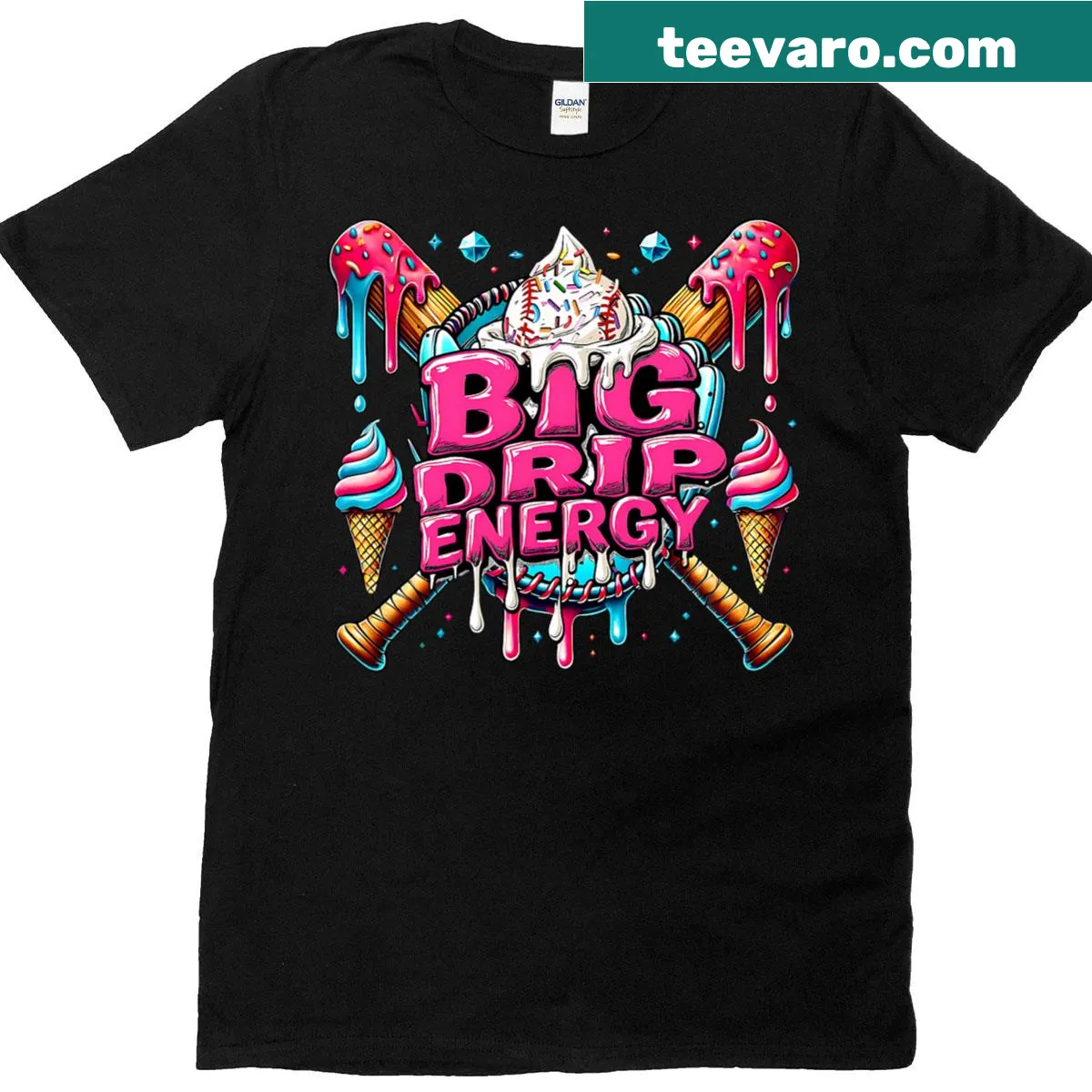 Illustrated ice cream cone with sprinkles and text Big Drip Energy. — on a men's t-shirt