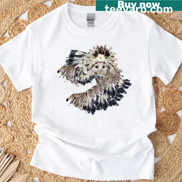 Illustration of a crowned barn owl in flight on a T-shirt
