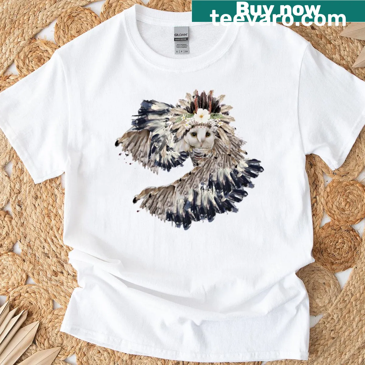 Illustration of a crowned barn owl in flight on a T-shirt — on a men's t-shirt