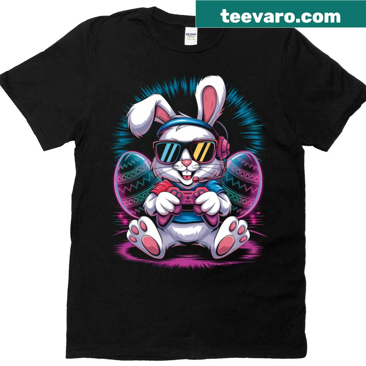 Kids Easter T-shirt with bunny and egg video game theme — on a men's t-shirt