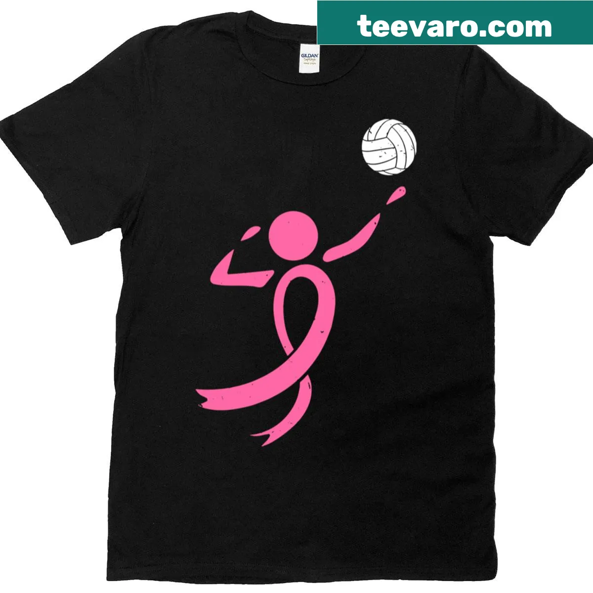 Illustrated volleyball shirt with pink ribbon for awareness — on a men's t-shirt