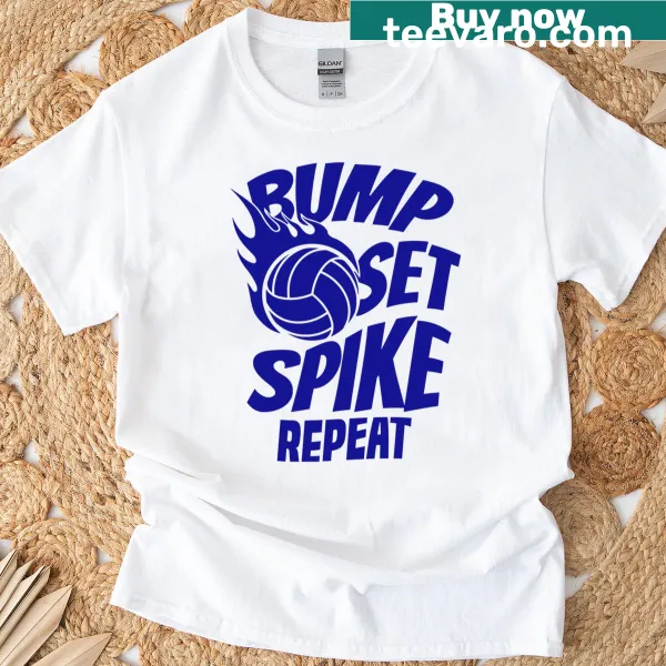 Volleyball-themed T-shirt with Bump Set Spike Repeat text