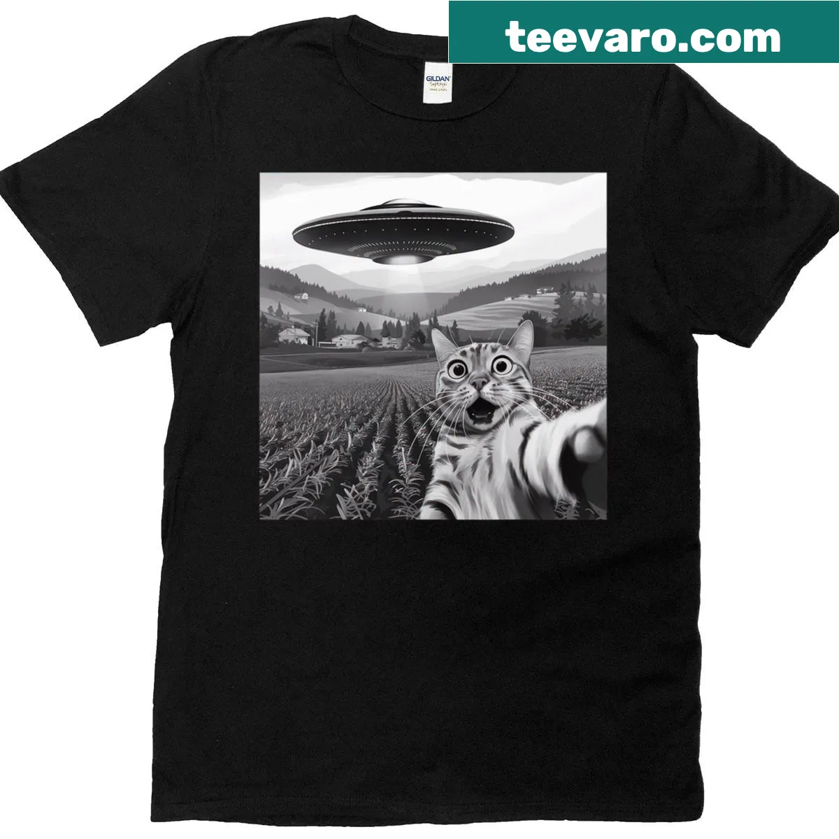 Whimsical t-shirt featuring a cat selfie with an alien UFO — on a men's t-shirt