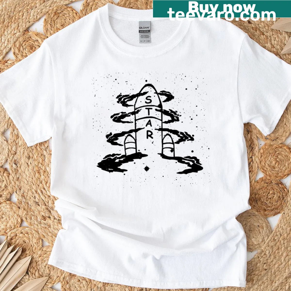 Rocket design T-shirt with celestial theme and inspirational message — on a men's t-shirt