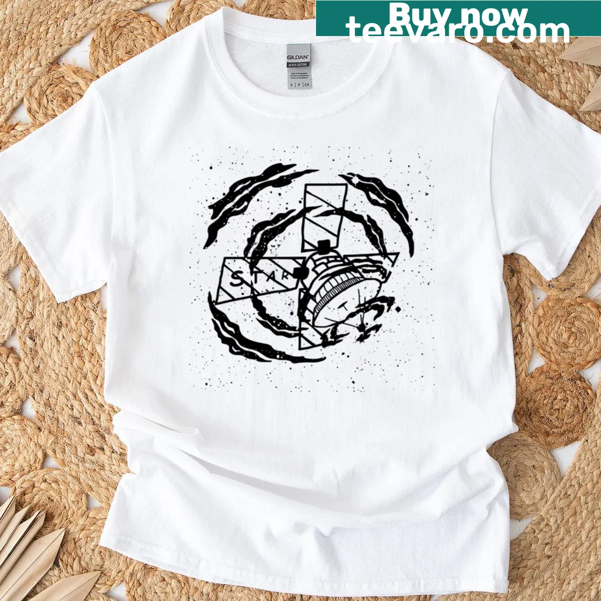 Satellite orbiting a planet graphic on a cosmic-themed T-shirt — on a men's t-shirt