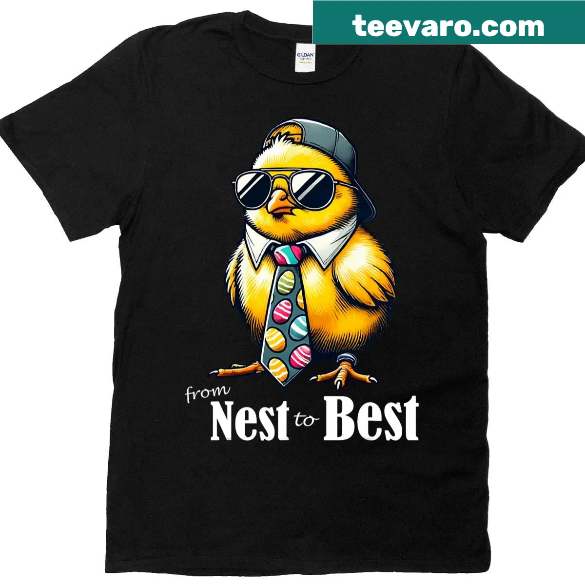 Easter-themed t-shirt featuring a cool chick in sunglasses — on a men's t-shirt