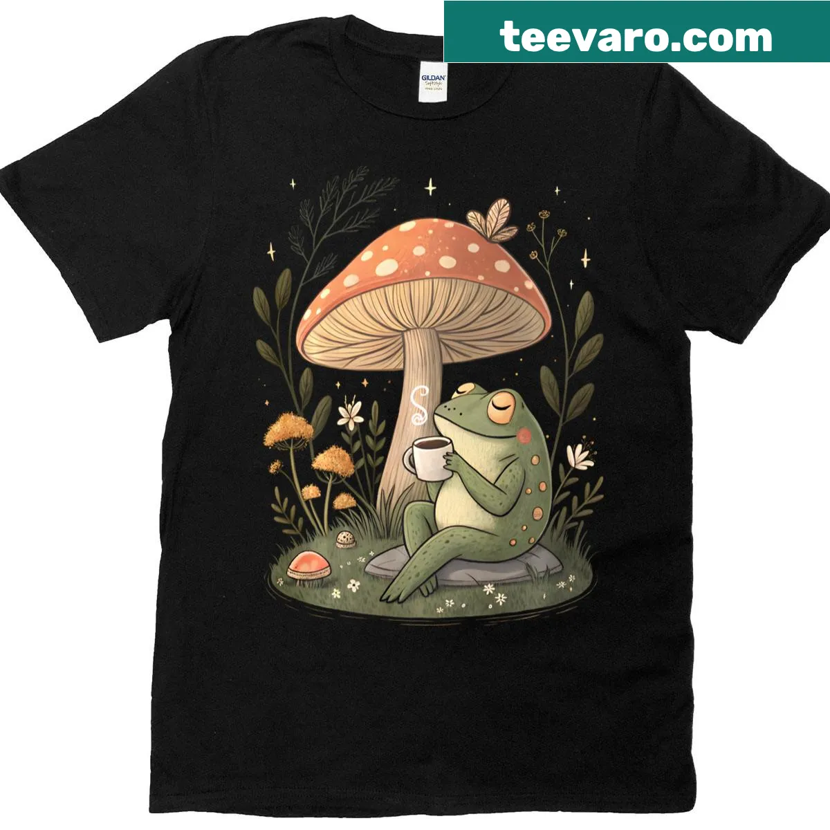 Cottagecore t-shirt with a cozy frog and mushroom design — on a men's t-shirt