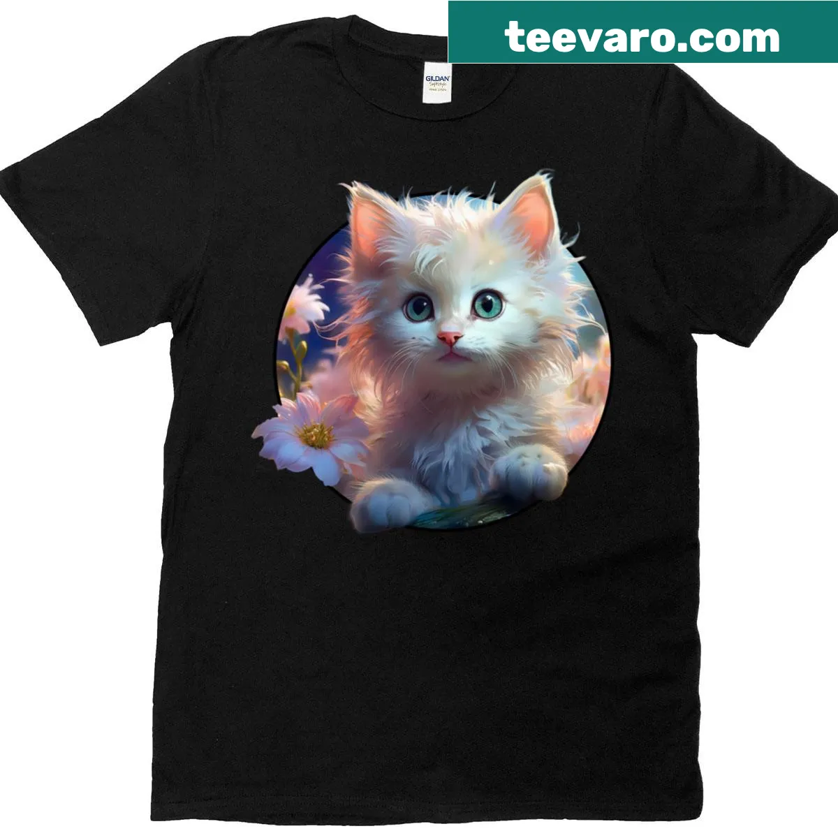Adorable T-shirt with a kitten and flowers illustration — on a men's t-shirt