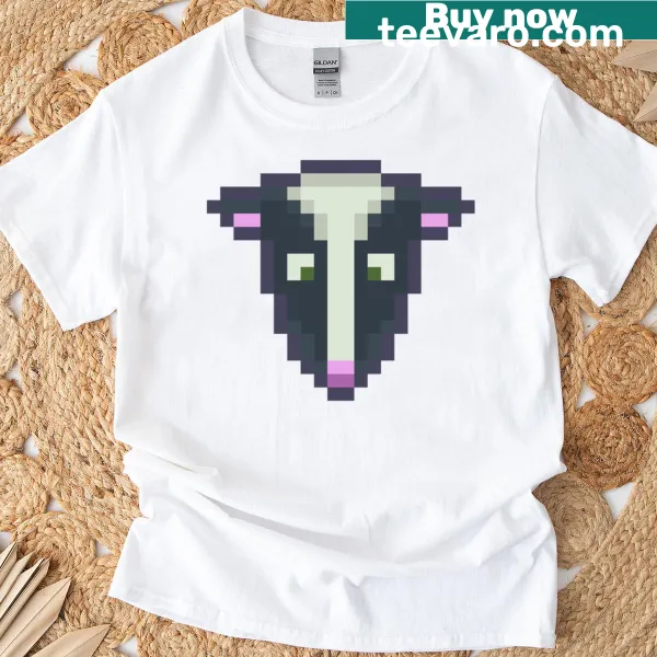 Retro pixel art T-shirt featuring a cute skunk