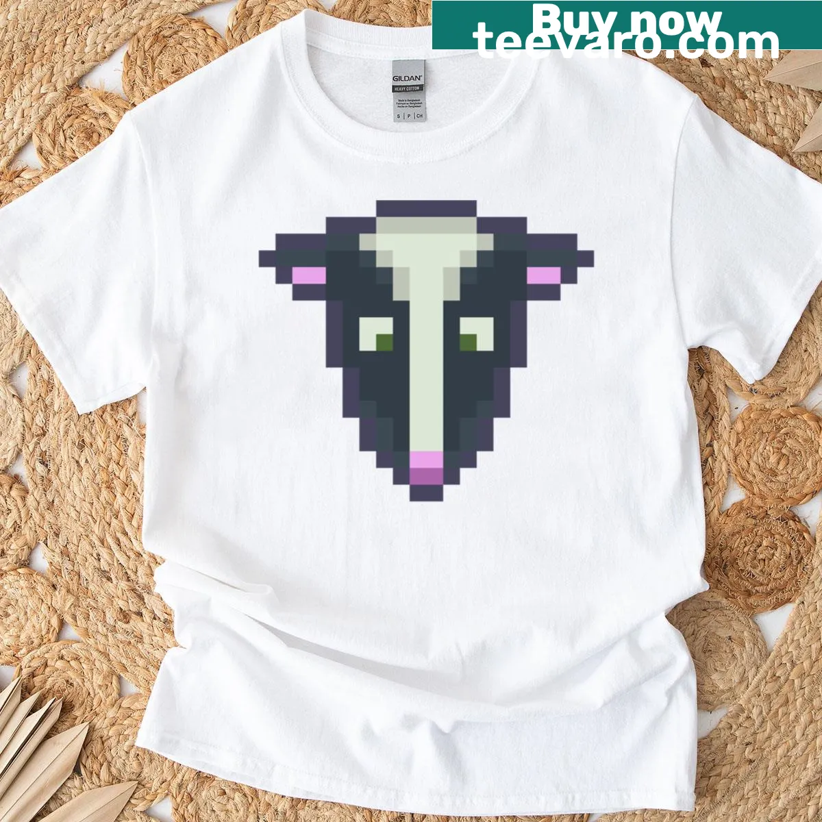 Retro pixel art T-shirt featuring a cute skunk — on a men's t-shirt