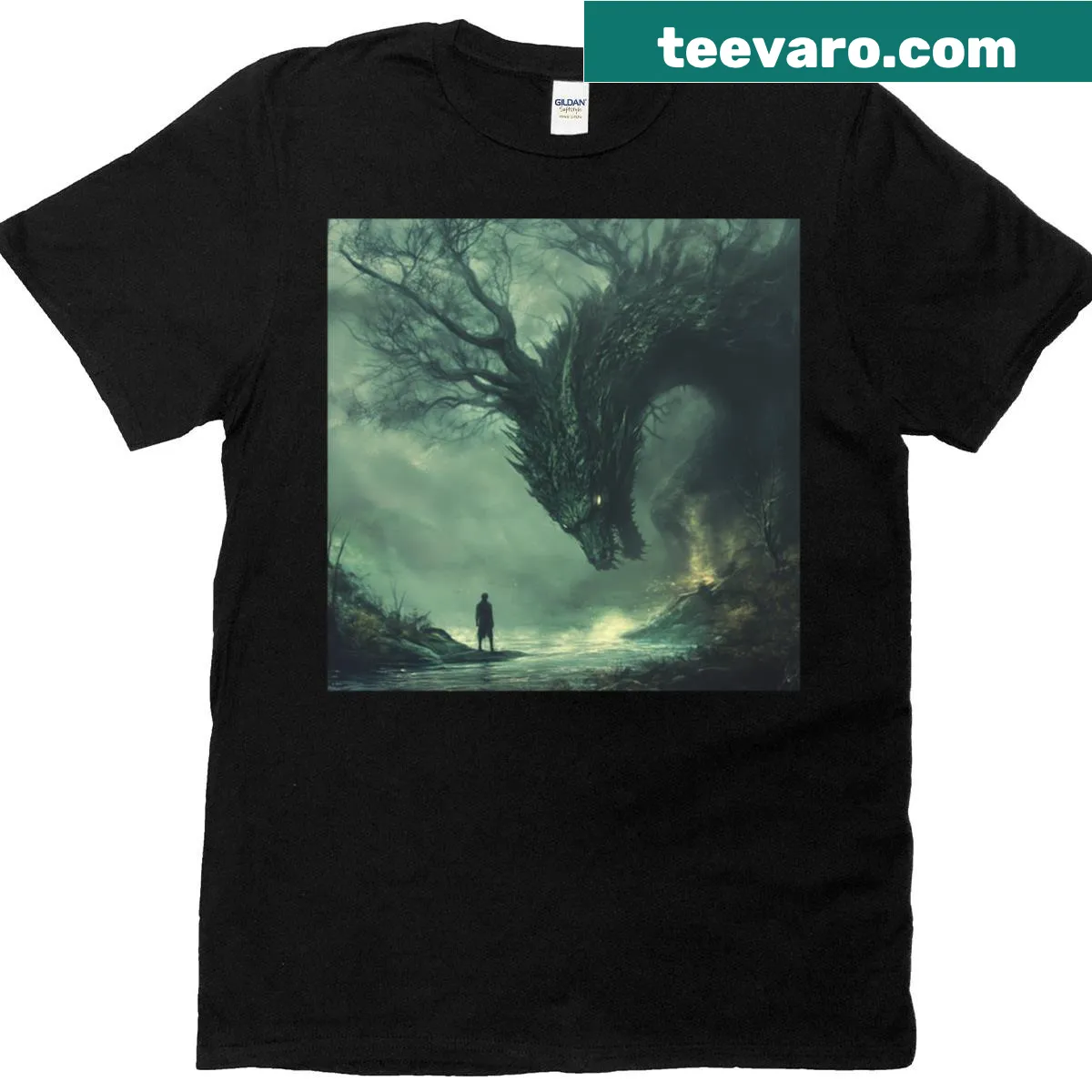 Illustration of a dark dragon in a forest setting — on a men's t-shirt