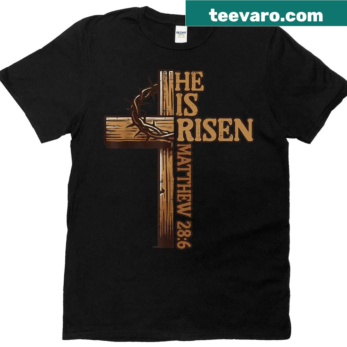 Easter T-shirt with a cross and 'He Is Risen' text — on a men's t-shirt