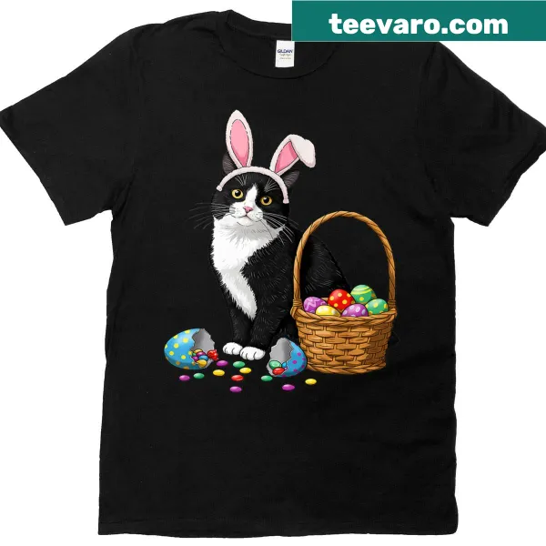 Cute cat in bunny ears with Easter eggs graphic