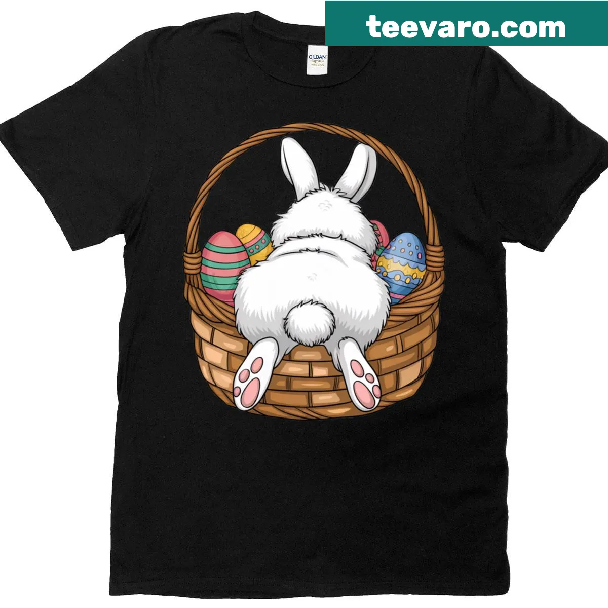 Illustration of a bunny with a basket of chocolate eggs for Easter — on a men's t-shirt