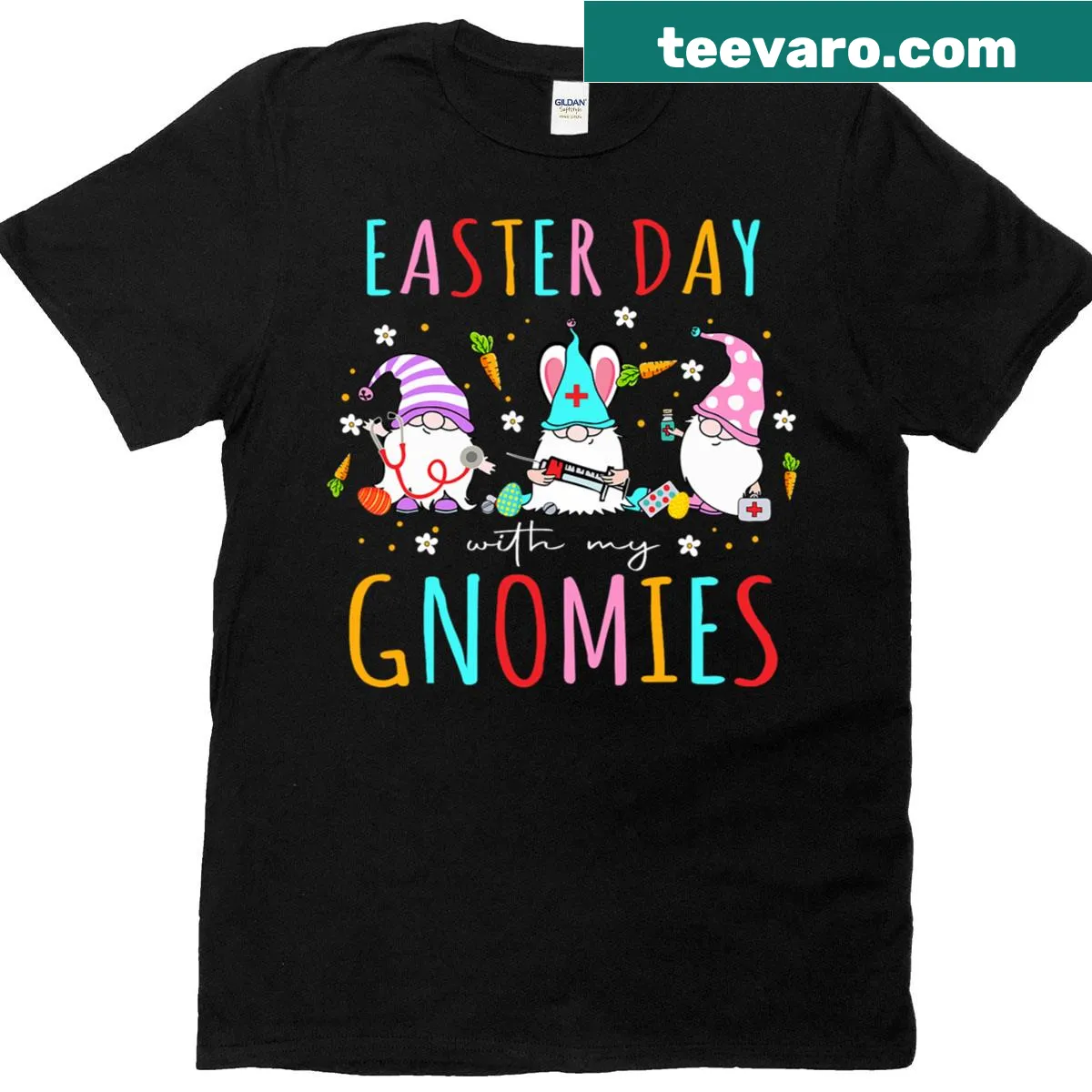Easter gnomes and stethoscope graphic on nurse t-shirt — on a men's t-shirt