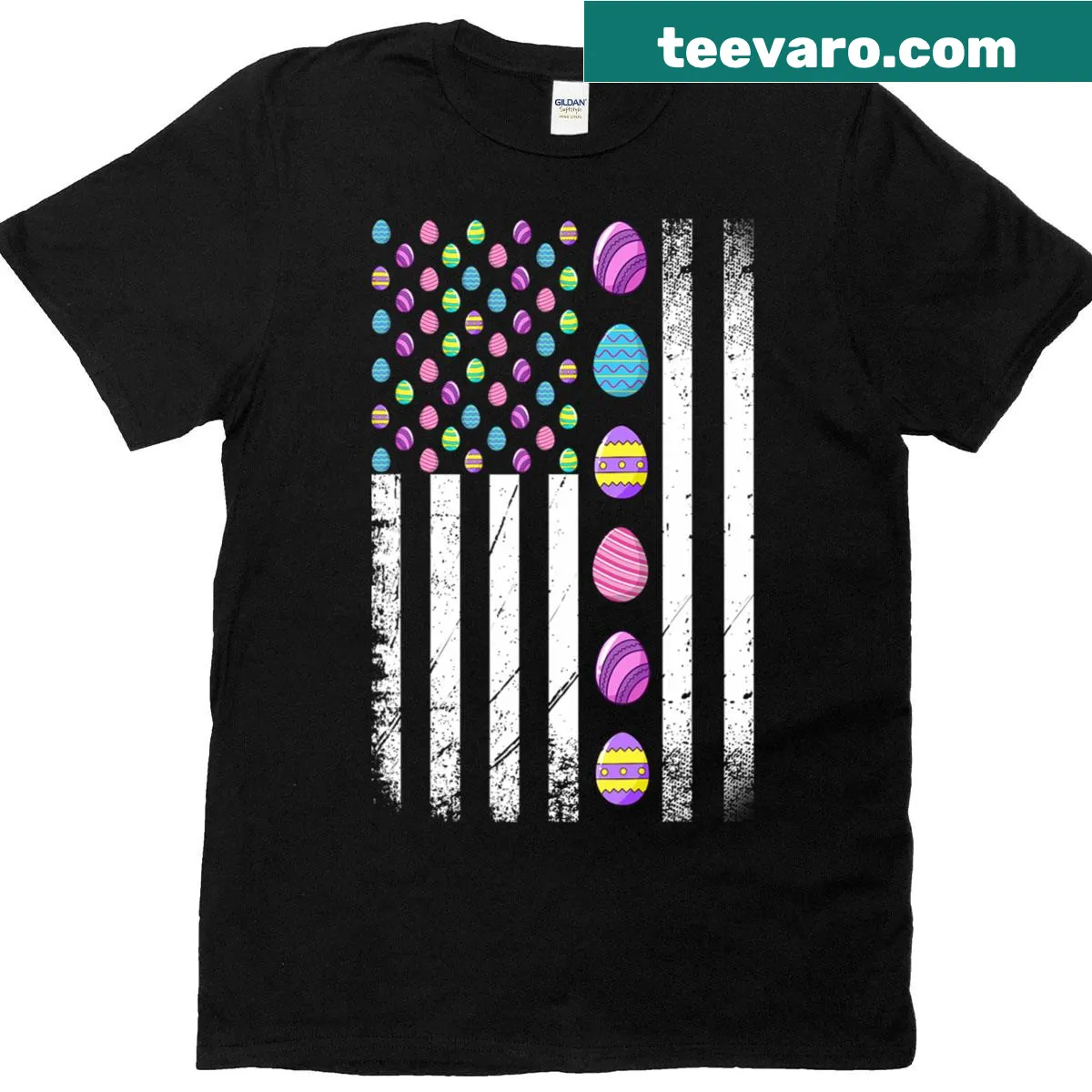 Bunny with eggs and an American flag design for Easter — on a men's t-shirt