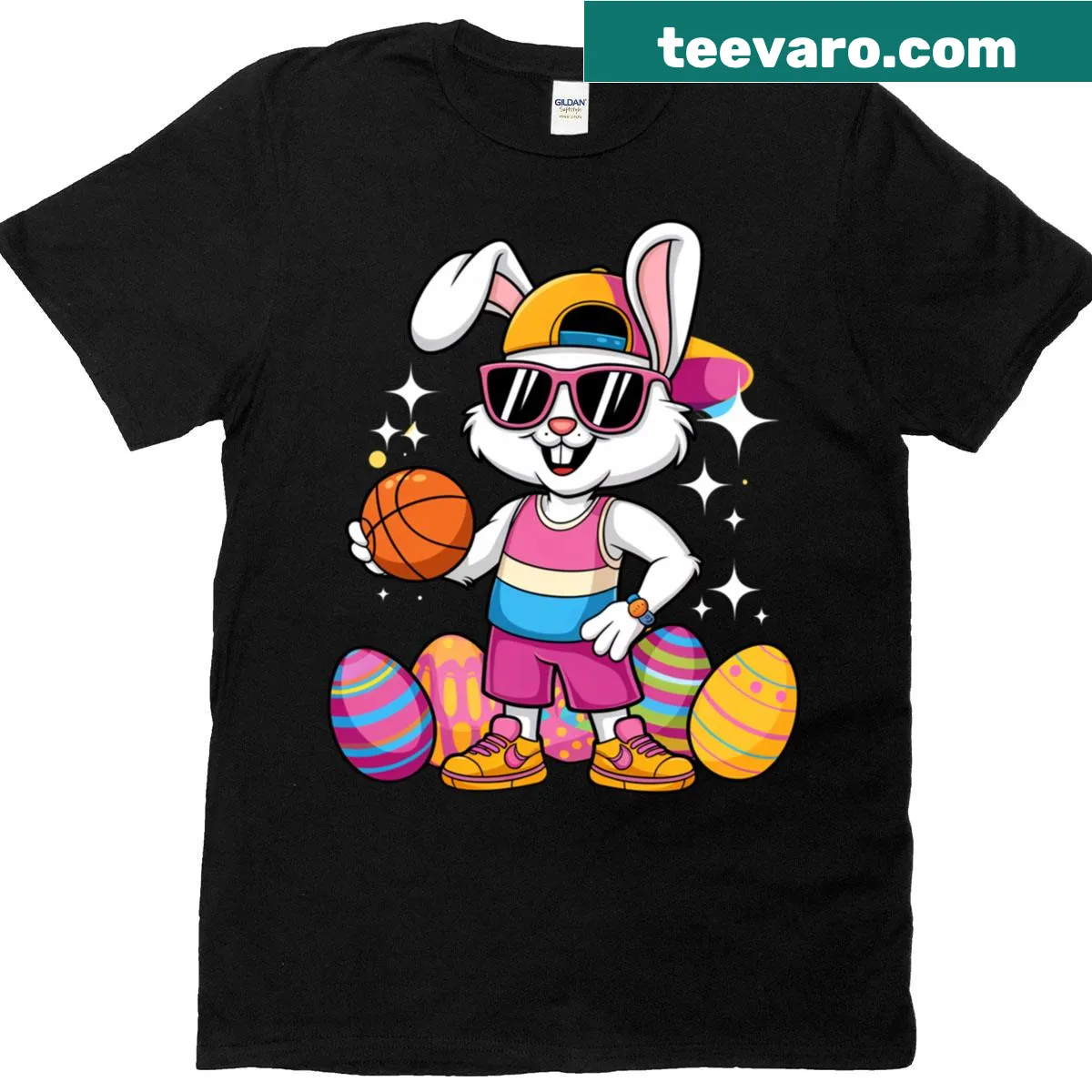 Cartoon bunny playing basketball for Easter on a kids t-shirt — on a men's t-shirt