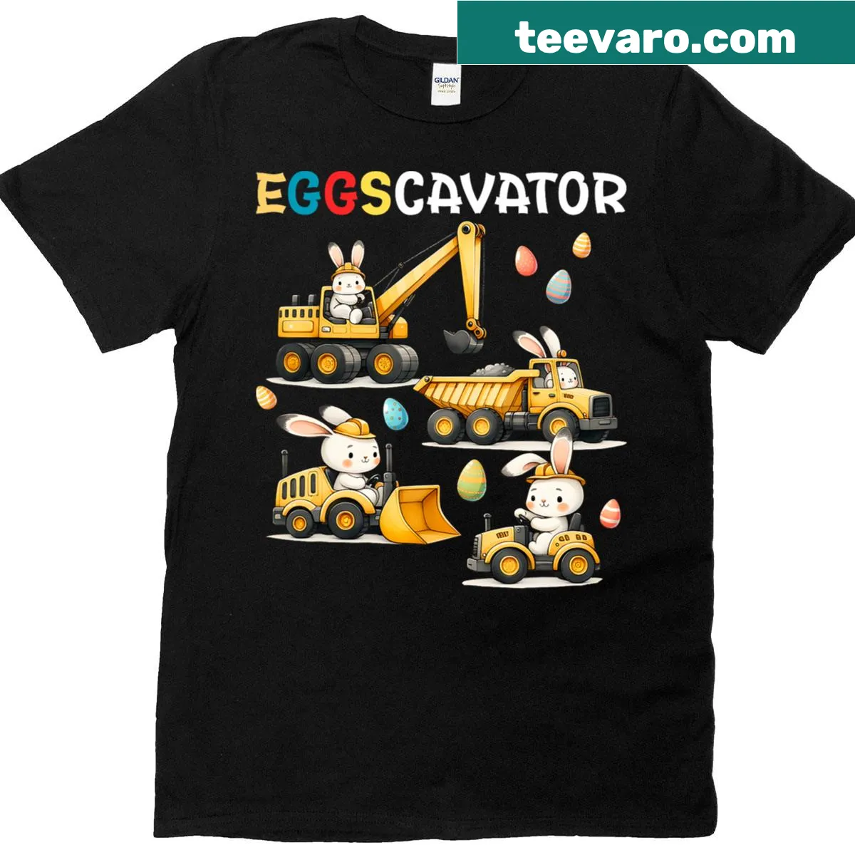 Toddler T-shirt featuring an eggscavator and construction theme — on a men's t-shirt