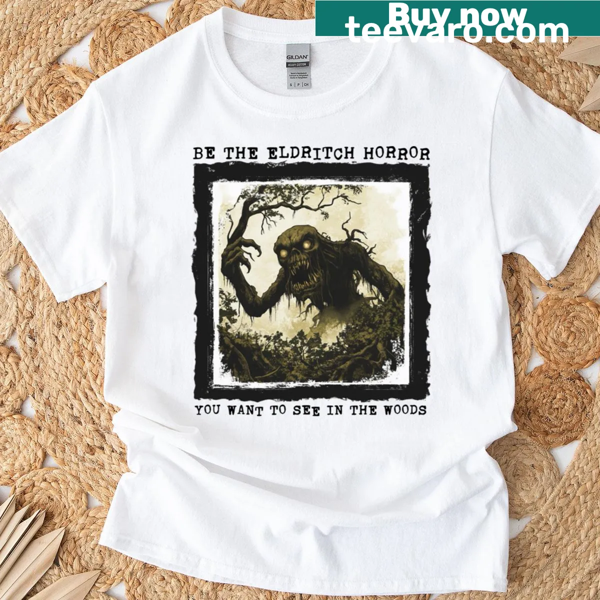 Illustration of a forest monster on an Eldritch Horror T-shirt — on a men's t-shirt