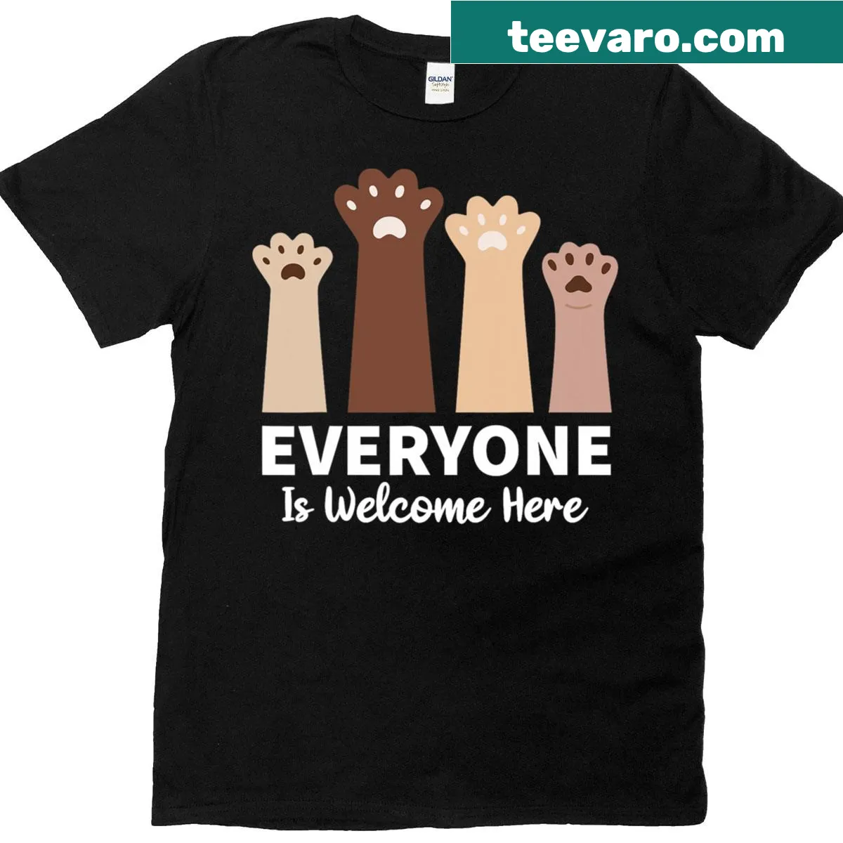 Cute cat paw print t-shirt with text: 'Everyone Is Welcome Here.' — on a men's t-shirt