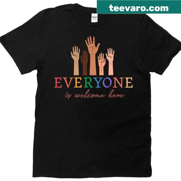 Inclusivity message t-shirt with 'Everyone Is Welcome Here' text and pride symbols