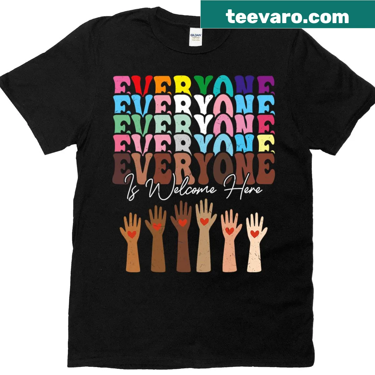 Retro design with 'Everyone Is Welcome Here' on T-shirt — on a men's t-shirt