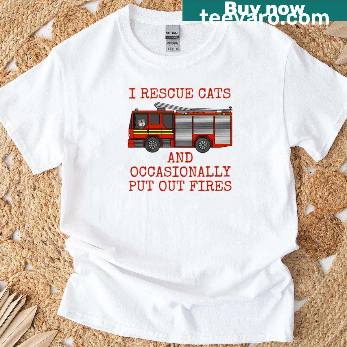 Funny T-shirt featuring a fire engine and cat rescue theme — on a men's t-shirt