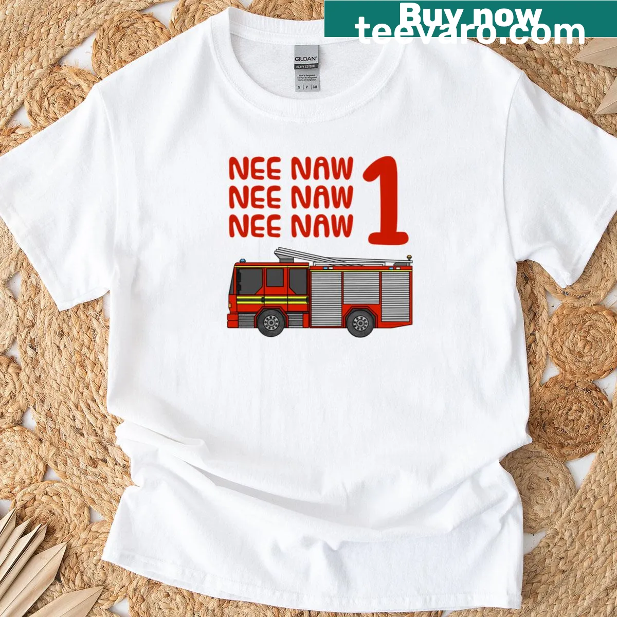 Playful fire engine 1st birthday t-shirt — on a men's t-shirt