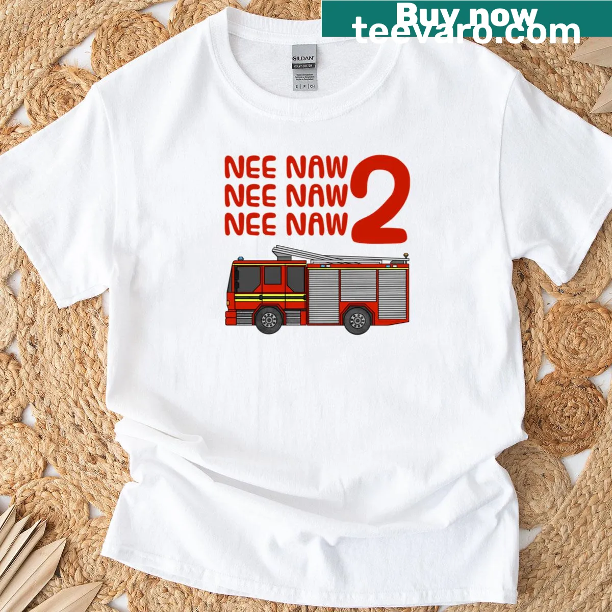 T-shirt featuring a fire engine graphic for 2nd birthday — on a men's t-shirt