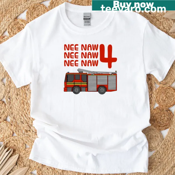 Vintage-style T-shirt with a fire truck and 'Nee Naw' graphic for kids