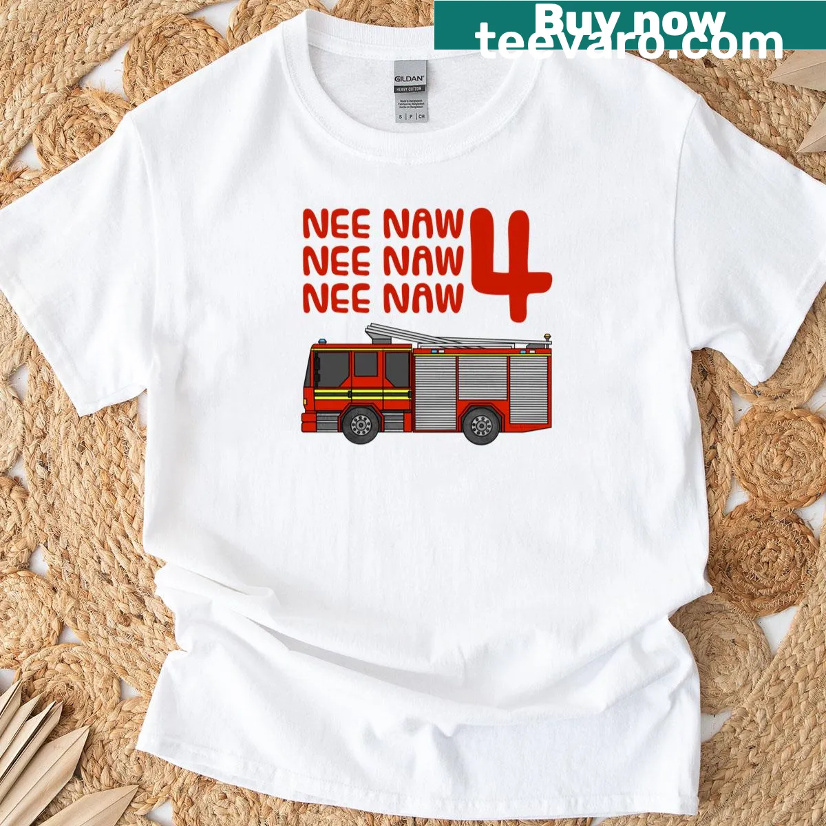 Vintage-style T-shirt with a fire truck and 'Nee Naw' graphic for kids — on a men's t-shirt