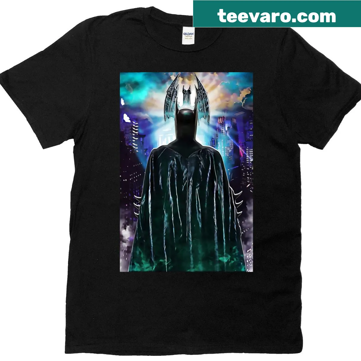 Guardian figure overlooking a cityscape on a T-shirt — on a men's t-shirt