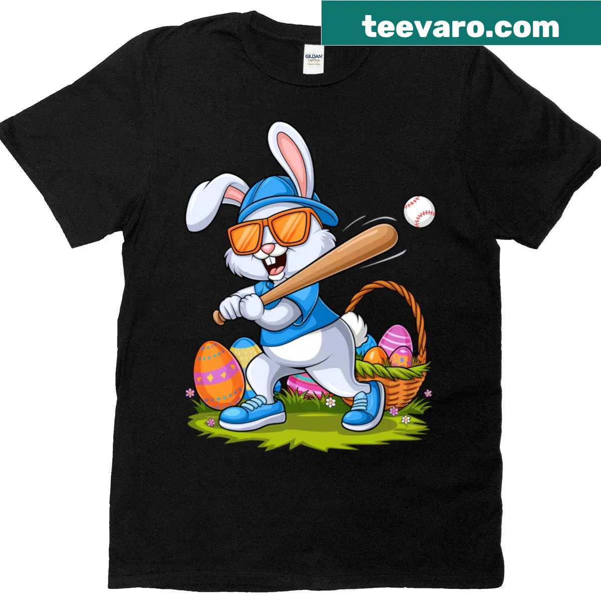 Easter-themed T-shirt with a baseball bunny illustration for kids — on a men's t-shirt