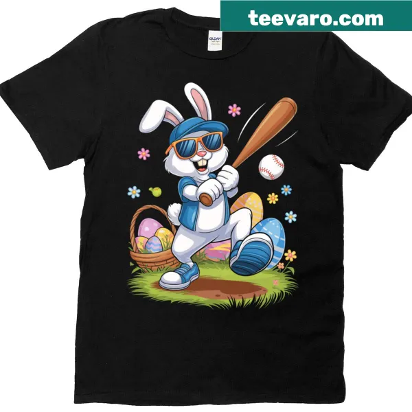 Playful bunny swinging a baseball bat for Easter on a kids' T-shirt