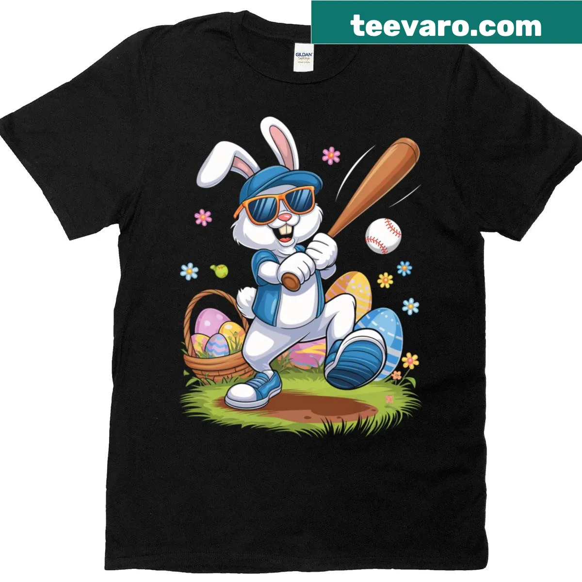 Illustration of a bunny playing baseball for Easter on a kids' T-shirt — on a men's t-shirt