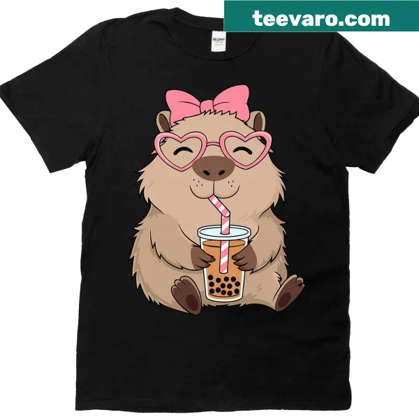 Cartoon capybara in a costume with bow and tea on a kids' T-shirt